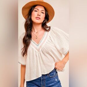 Abyna Ecru Embroidered Flowy Cotton Shirt Top